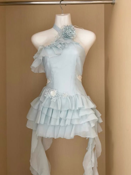 Pretty Homecoming Dress Light Blue A Line Halter Pleated Cocktail Dress Short Birthday Party Dress      P4982
