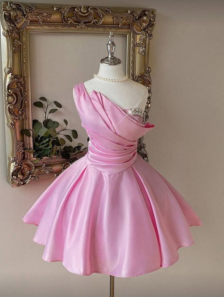 Stunning Homecoming Dress Pink Stain One Shoulder A Line Pleated Cocktail Dress Short Birthday Party Dress      P4992