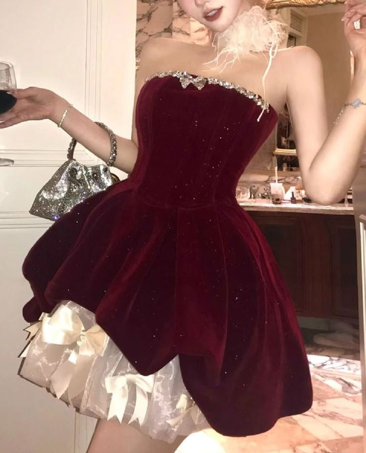 Elegant Homecoming Dress Wine Red Strapless A Line Back to School Outfits Short Birthday Party Dress      P4998