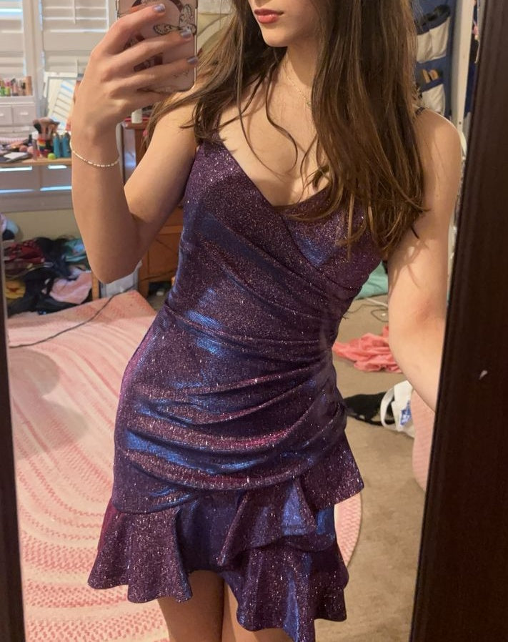 Shiny Homecoming Dress Dark Purple Spaghetti Straps Pleated Back to School Outfits Short Birthday Party Dress      P5001