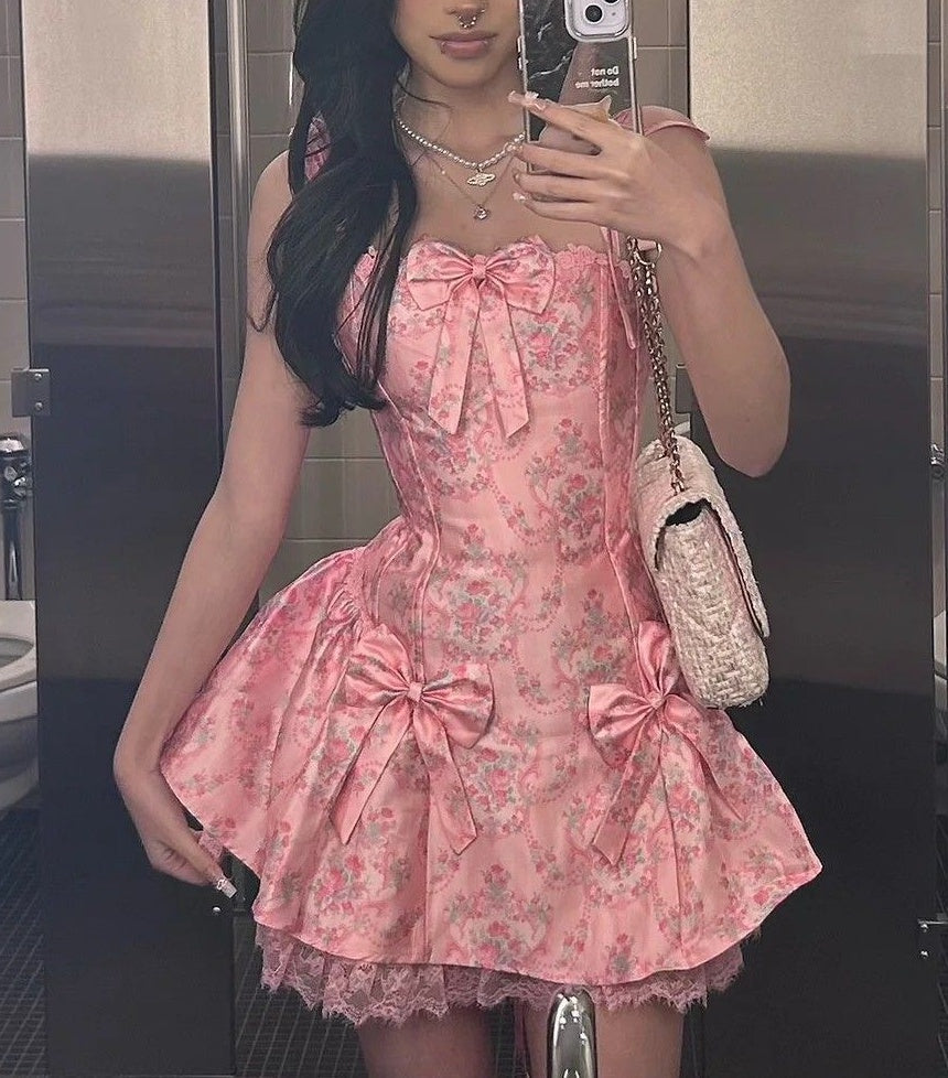 Beauty Homecoming Dress A Line Spaghetti Straps Bowknot Print Short Birthday Party Dress Cocktail Dress      P5004