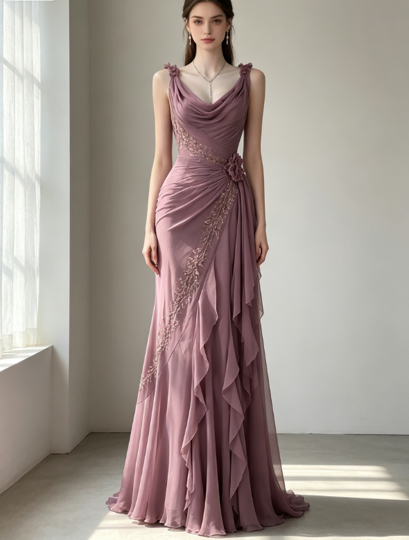 Chic Sheath Long Prom Dress Chiffon Beaded Evening Dress P5017