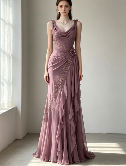 Chic Sheath Long Prom Dress Chiffon Beaded Evening Dress P5017