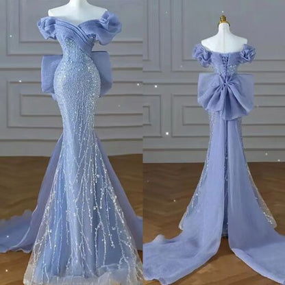 Sparkly Blue Prom Dresses With Bow Sequins Off The Shoulder Prom Dress P605