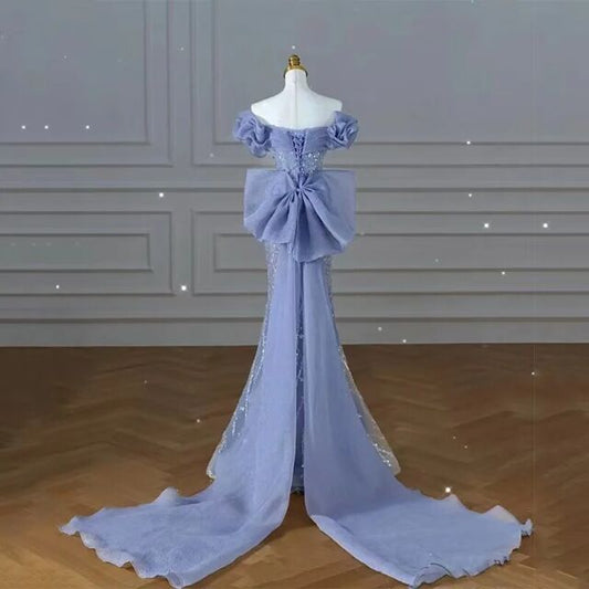 Sparkly Blue Prom Dresses With Bow Sequins Off The Shoulder Prom Dress P605