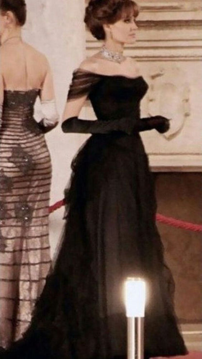 Vintage Ball Gown Black Birthday Party Dresses Off The Shoulder Prom Dresses P700