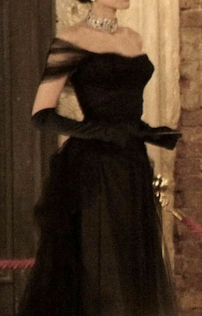 Vintage Ball Gown Black Birthday Party Dresses Off The Shoulder Prom Dresses P700