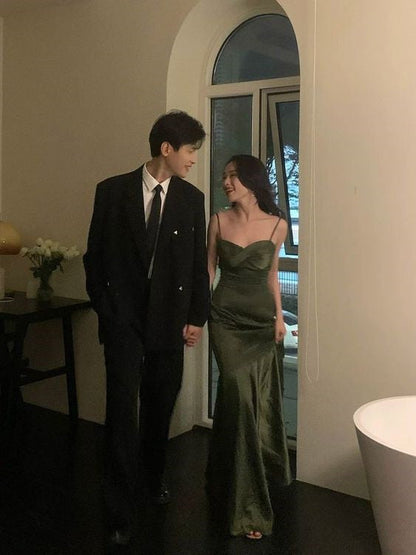 Sexy Mermaid Green Party Dresses Satin Long Prom Dresses P703
