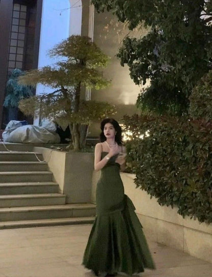 Sexy Mermaid Straps Green Party Dresses Satin Long Prom Dresses P708