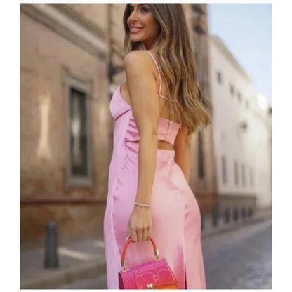 Simple A line Straps Sleeveless Party Dress Silk Satin Pink Prom Dress P845