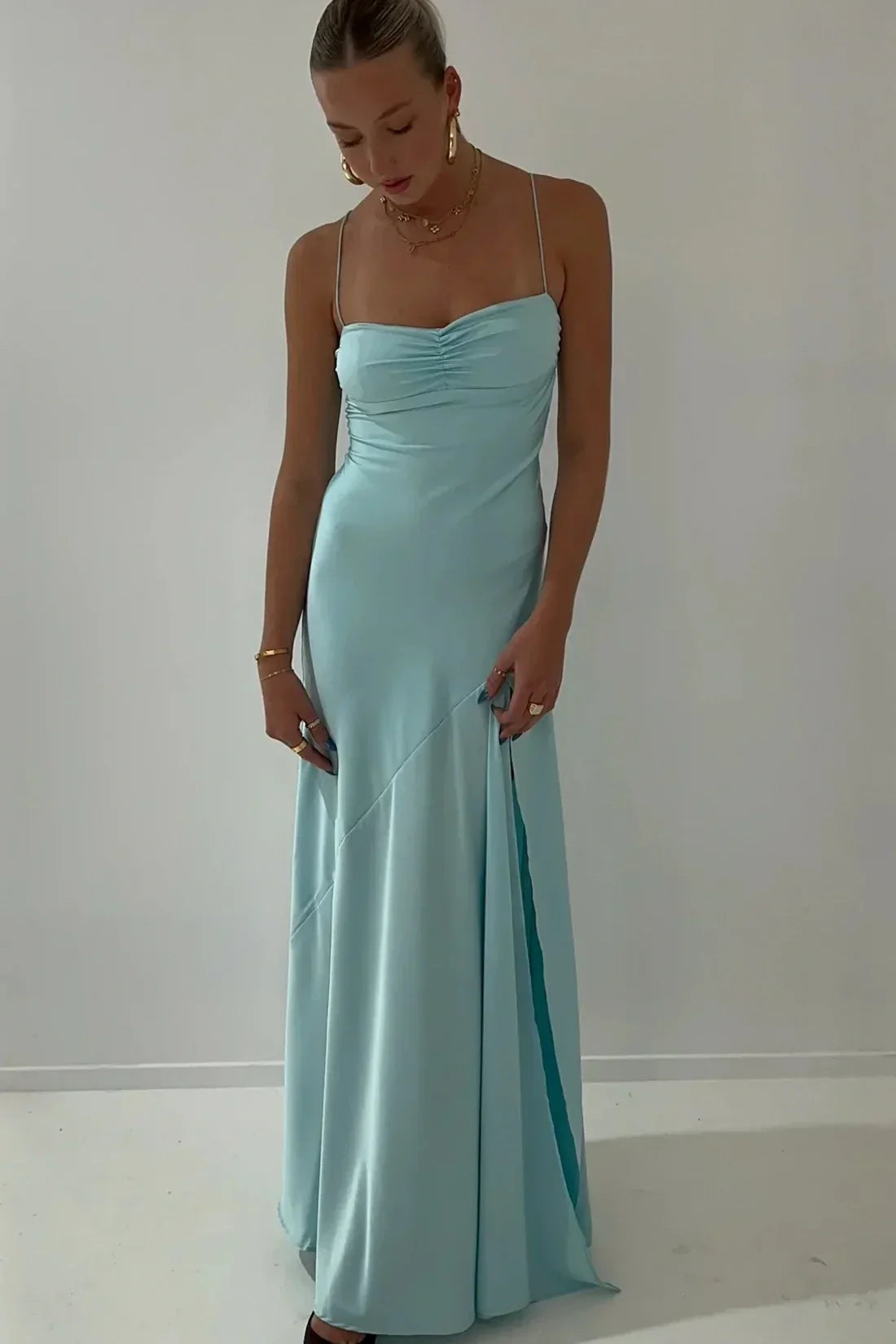 Sexy A line Straps Sleeveless Party Dress Hot Pink Side Slit Prom Dress P856