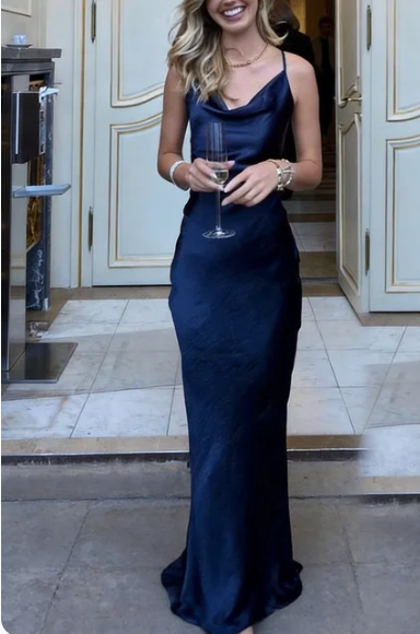 Sexy Sheath Sleeveless Party Dress Navy Blue Silk Satin Prom Dress P857