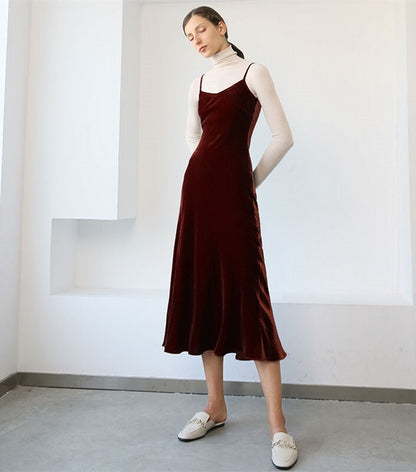 Straps Burgundy Velvet Midi Dress