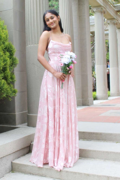 Pink A-Line Sleeveless Floral Appliques Chiffon Long Party Prom Dress