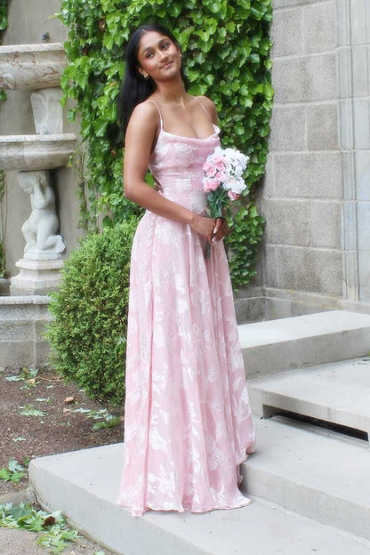 Pink A-Line Sleeveless Floral Appliques Chiffon Long Party Prom Dress