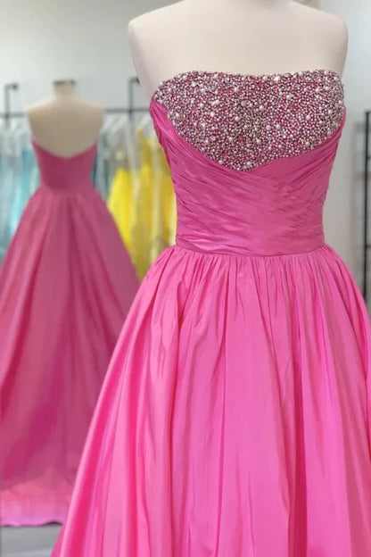 Pink A-Line Strapless Pearl Empire Prom Party Dress