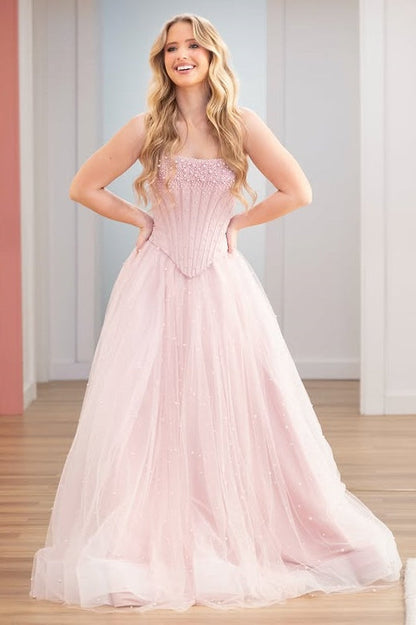 Pink A-Line Strapless Empire Two Tone Pearl Party Prom Dress