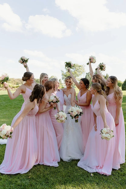 Pink A-Line V-Neck Sleeveless Chiffon A-Line Bridesmaid Dress