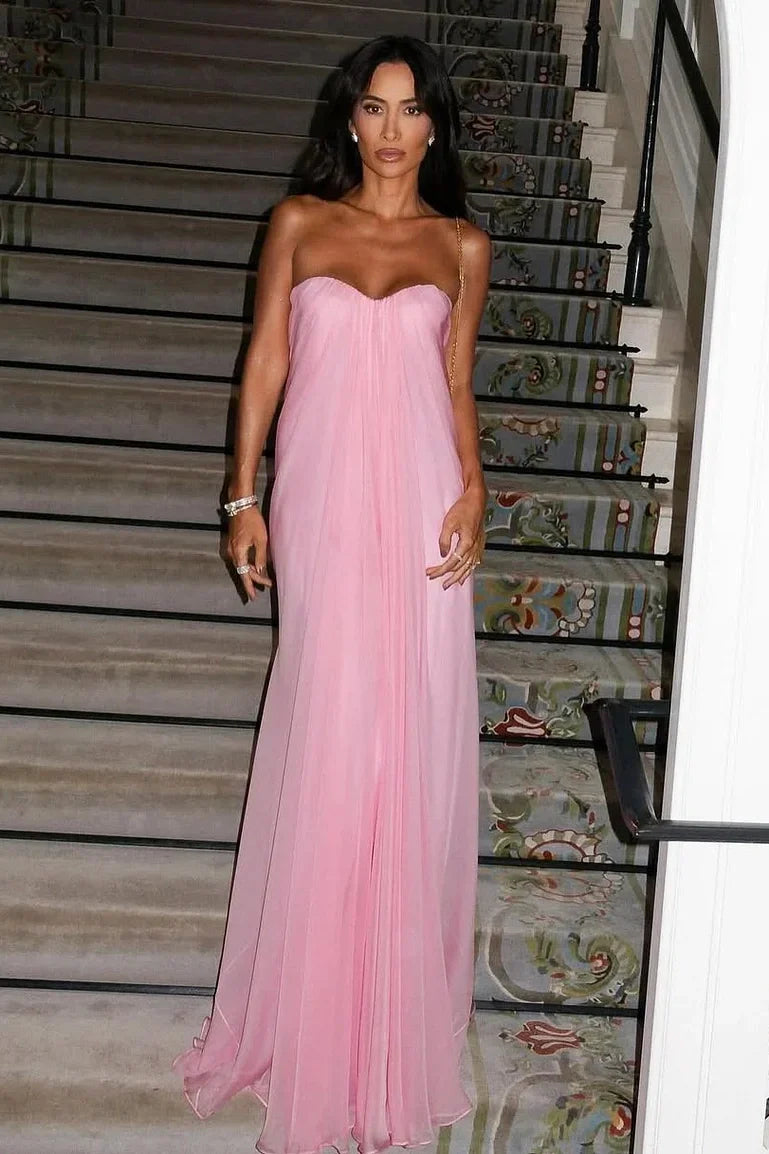 Pink Chiffon A-Line Sweetheart Strapless Maxi Party Prom Dress