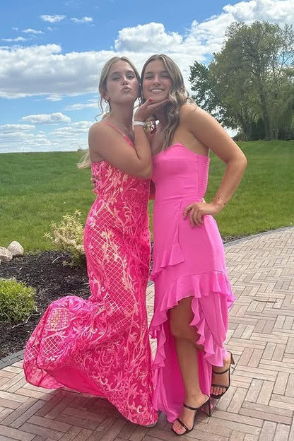 Pink Chiffon Bateau Strapless Ruffle Prom Party Dress