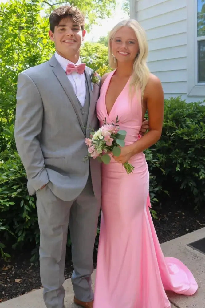 Deep V-Neck Halter Backless Mermaid Satin Party Prom Dress