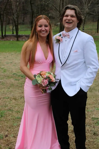 Deep V-Neck Halter Backless Mermaid Satin Party Prom Dress
