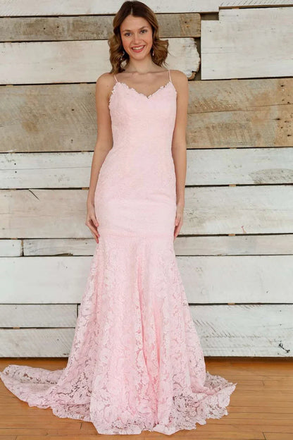 Pink Lace Mermaid V-Neck Spaghetti Straps Maxi Party Prom Dress