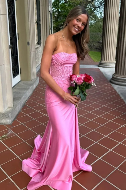 Pink Lace Top Satin Mermaid Strapless Empire Party Prom Dress