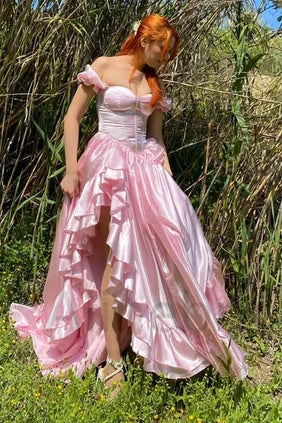 Pink Off-Shoulder Satin A-Line Ruffled High Low Party Prom Dress