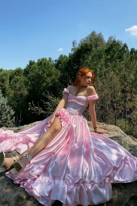 Pink Off-Shoulder Satin A-Line Ruffled High Low Party Prom Dress