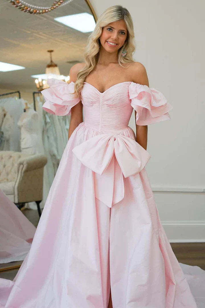 Pink Satin A-Line Empire Short Sleeves Party Prom Dress With Bow