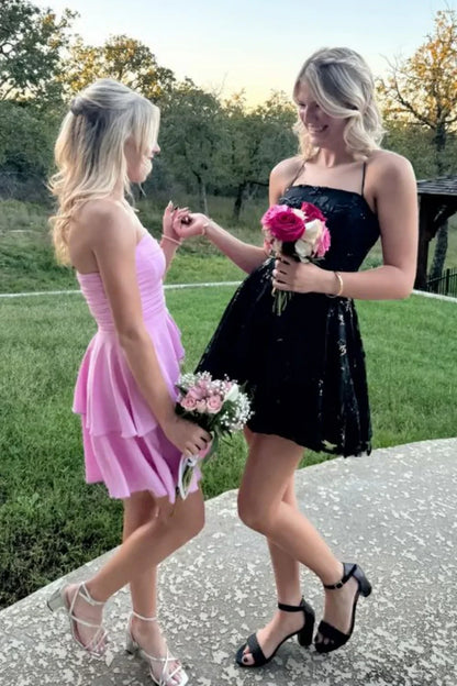 Pink Satin A-Line Empire Strapless Tiered Homecoming Dress