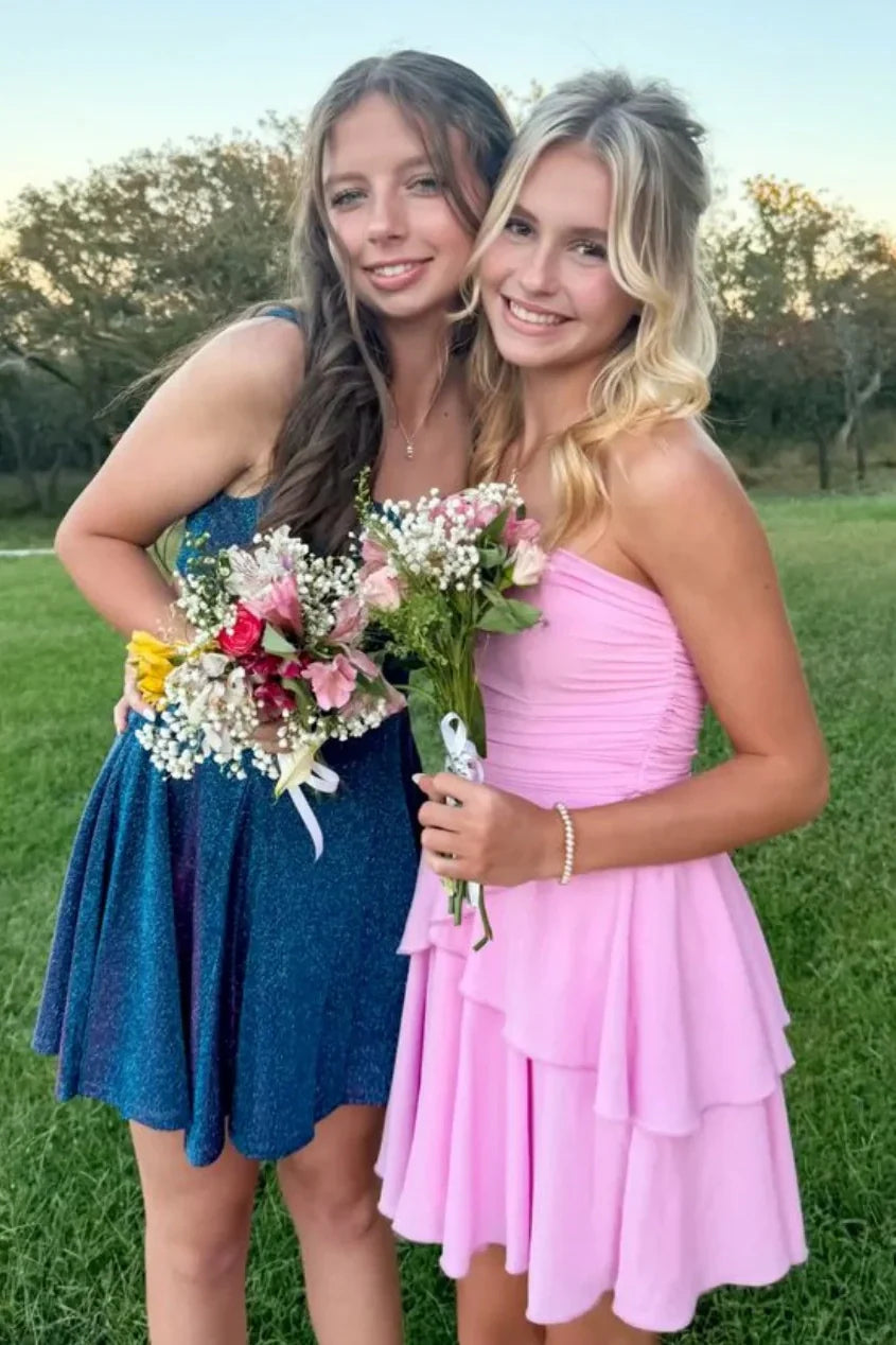 Pink Satin A-Line Empire Strapless Tiered Homecoming Dress