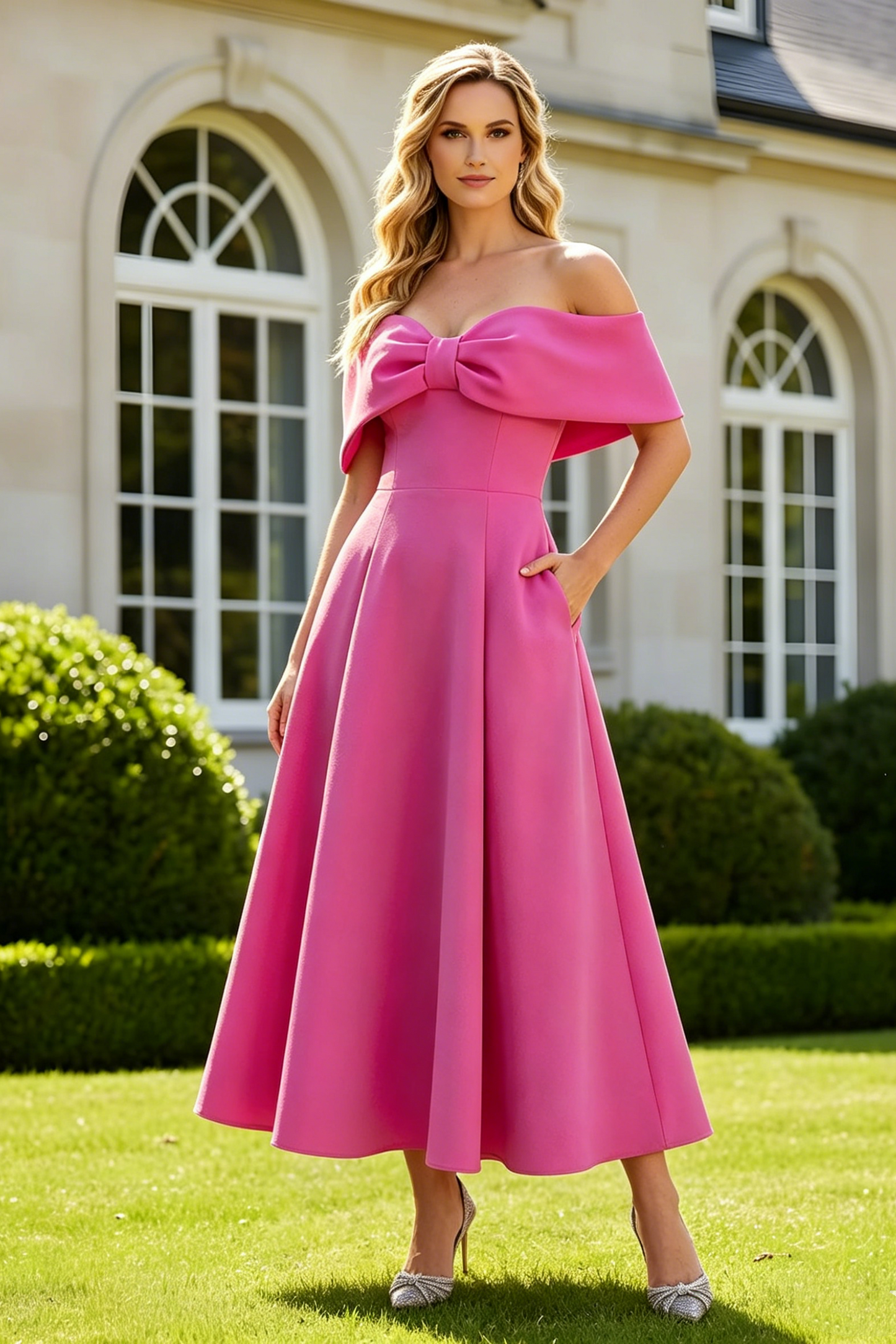 Pink Satin A-Line Off-Shoulder Mother Of The Bride Dress With Pockets