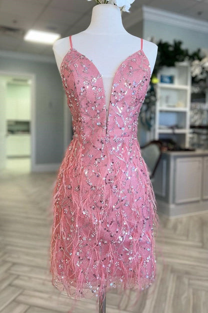 Pink Sheath Plunge V-Neck Sequin And Feather Mini Homecoming Dress