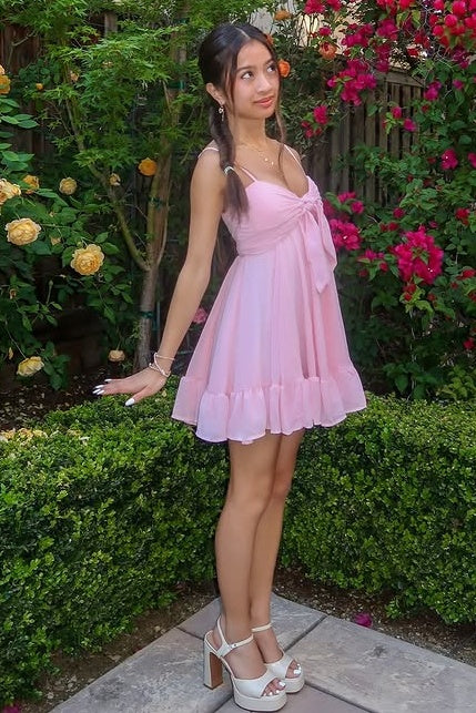 Pink Spaghetti Straps Chiffon A-Line Empire Mini Homecoming Dress