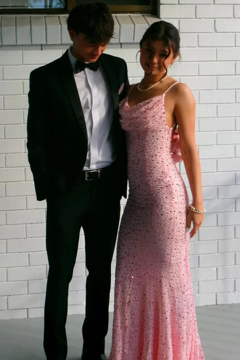 Sparkly Sequin Mermaid Open Back Sleeveless Party Prom Dress