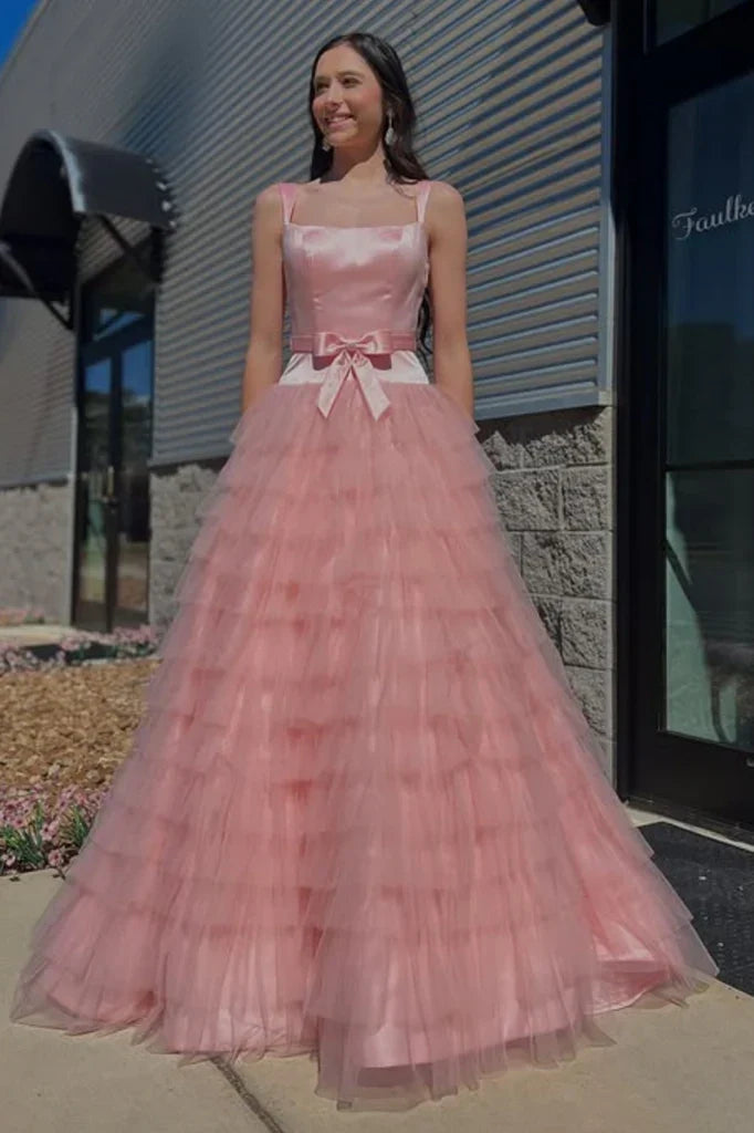 Pink Square Sleeveless Empire Tiered Two Tone Party Prom Dress