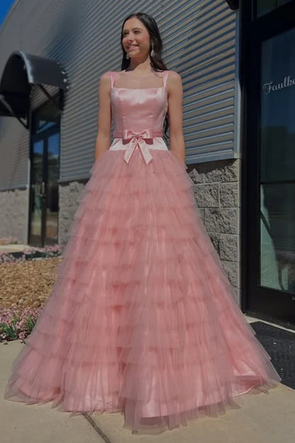 Pink Square Sleeveless Empire Tiered Two Tone Party Prom Dress