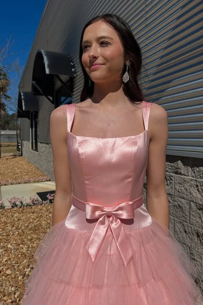 Pink Square Sleeveless Empire Tiered Two Tone Party Prom Dress
