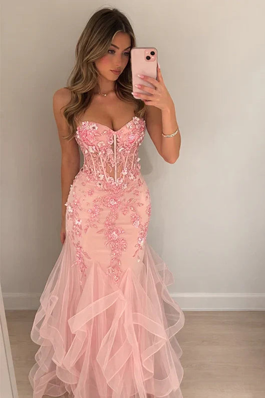 Pink Strapless Beaded Floral Appliques Tiered Tulle Party Prom Dress