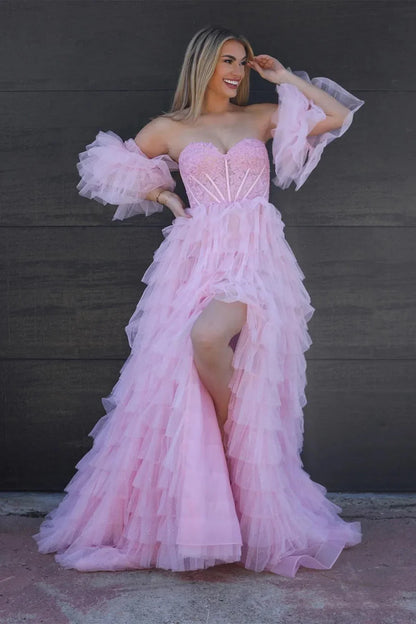Pink Sweetheart Lace Empire Tulle A-Line Tiered Party Prom Dress
