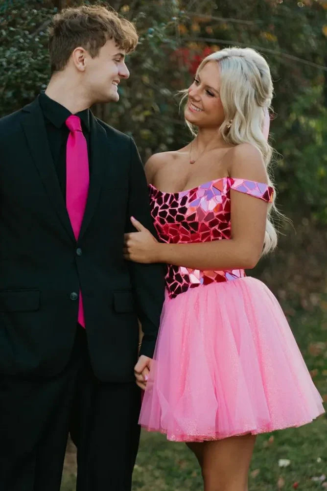 Pink Sweetheart Off-Shoulder Beaded Empire A-Line Homecoming Dress