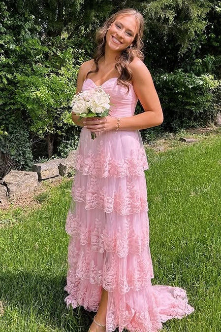 Pink Sweetheart Sleeveless Lace A-Line Tiered Prom Dress