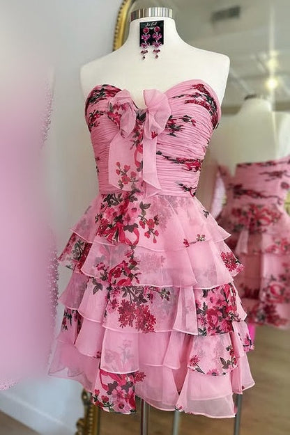 Pink Sweetheart Sleeveless Tiered A-Line Short Homecoming Dress