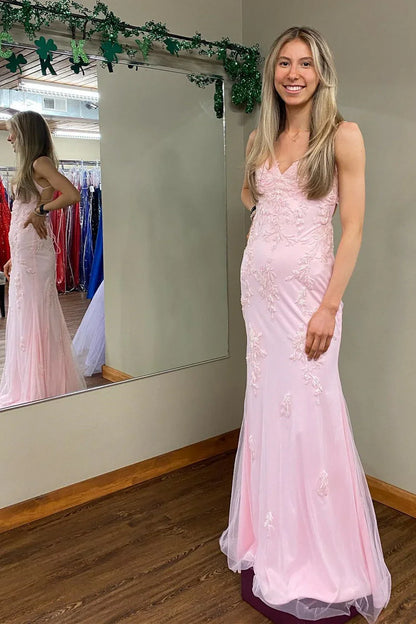 Pink Sweetheart Strapless Lace Appliques Party Prom Dress