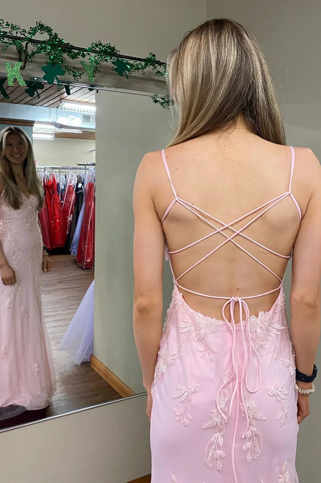 Pink Sweetheart Strapless Lace Appliques Party Prom Dress