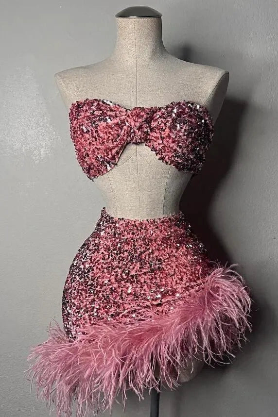 Pink Sweetheart Strapless Two Piece Sequins And Feathes Homecoming Dress