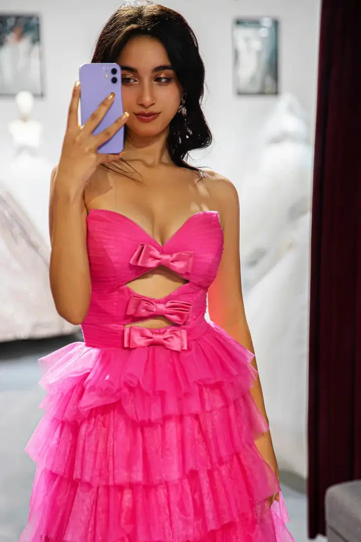 Pink Tulle A-Line Empire Strapless Party Prom Dress With Bows