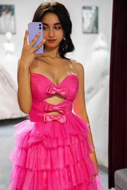 Pink Tulle A-Line Empire Strapless Party Prom Dress With Bows